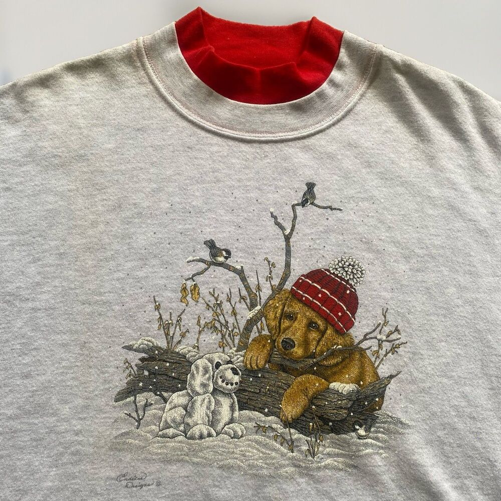 Vintage 90s Dog Sweatshirt Large Snowman Winter Scene Cute Animal Cottagecore